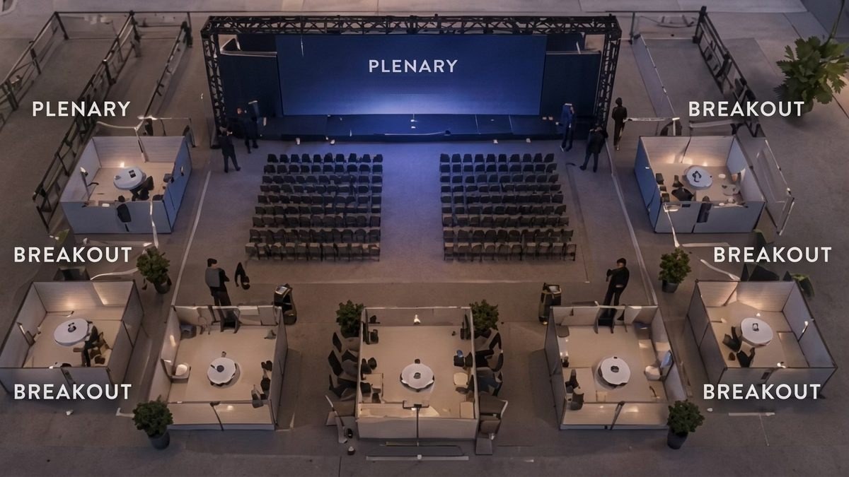 Overhead view of a plenary room with the breakout rooms around it