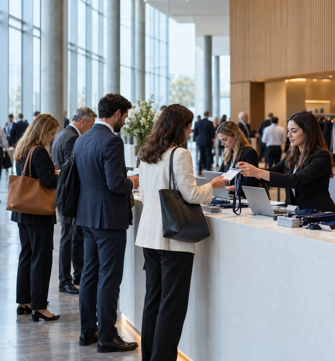 Delegates checking in at the welcome desk of a congress