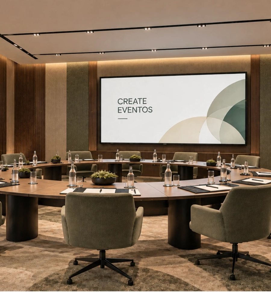 Advisory board room with a round table, a screen and a flipchart