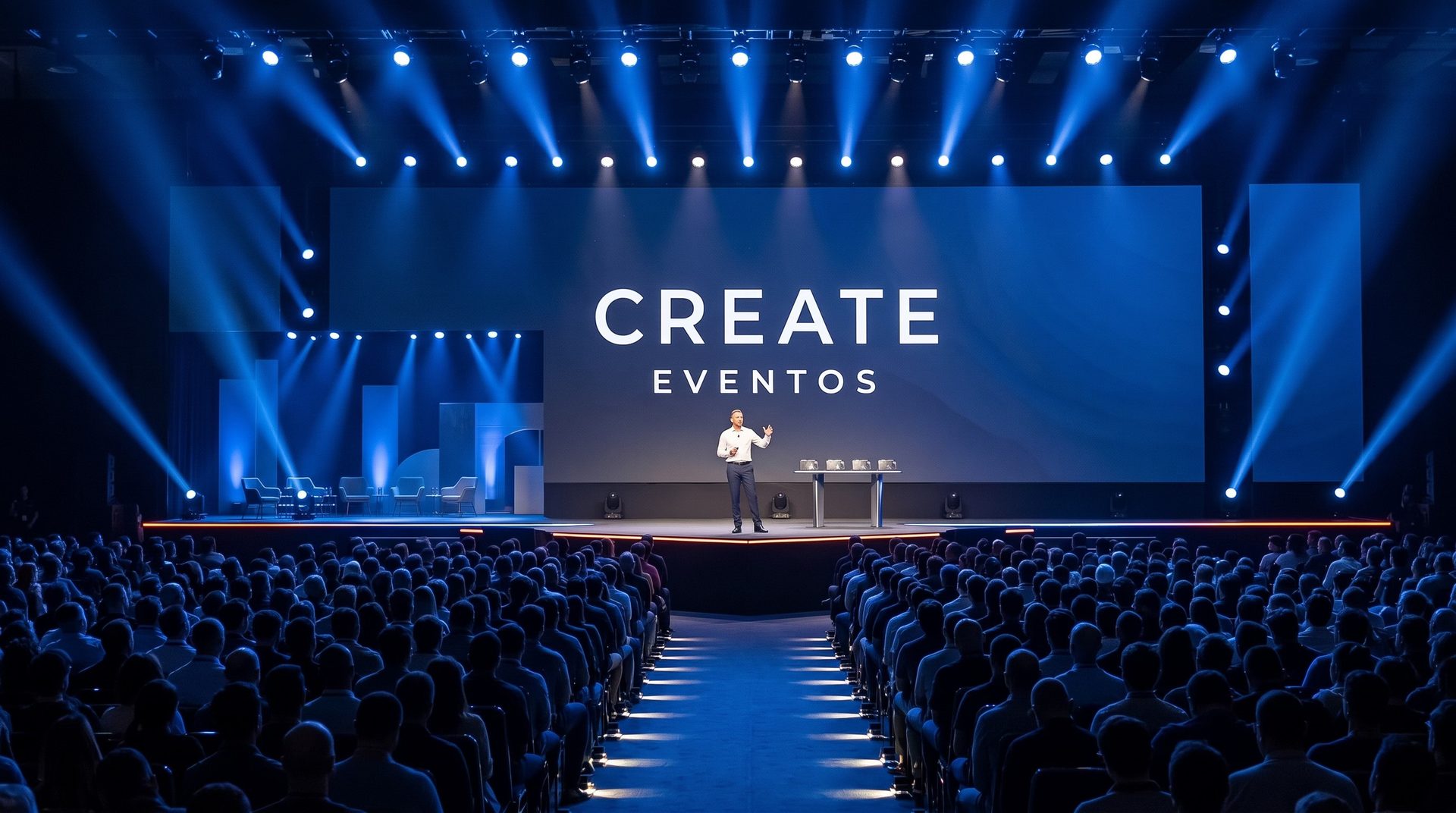 Orador em palco num congresso com o letreiro CREATE Eventos