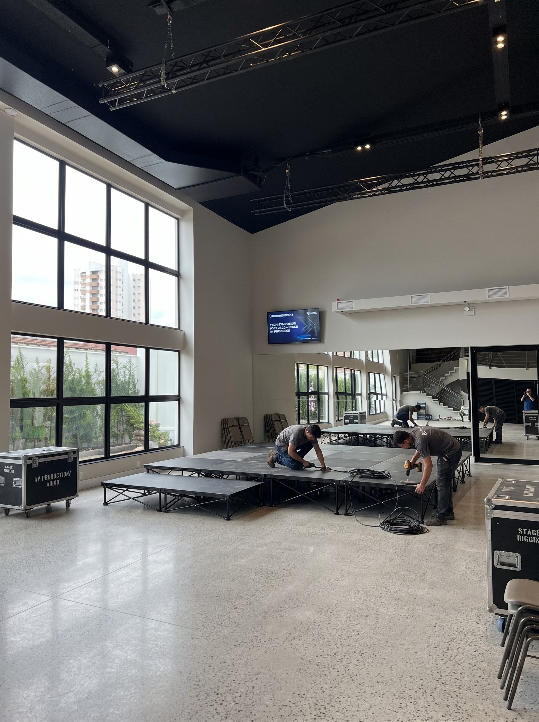 Crew building the stage for an event