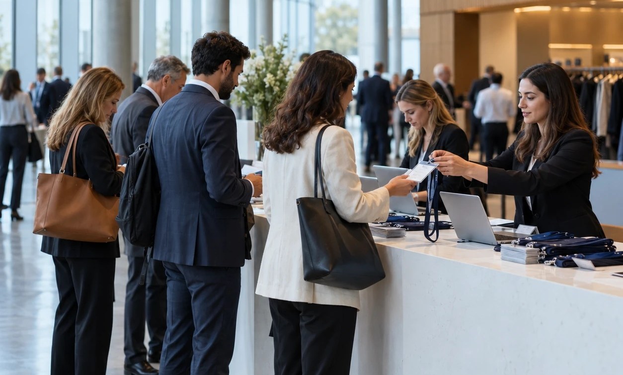 Delegates checking in at the welcome desk of a congress
