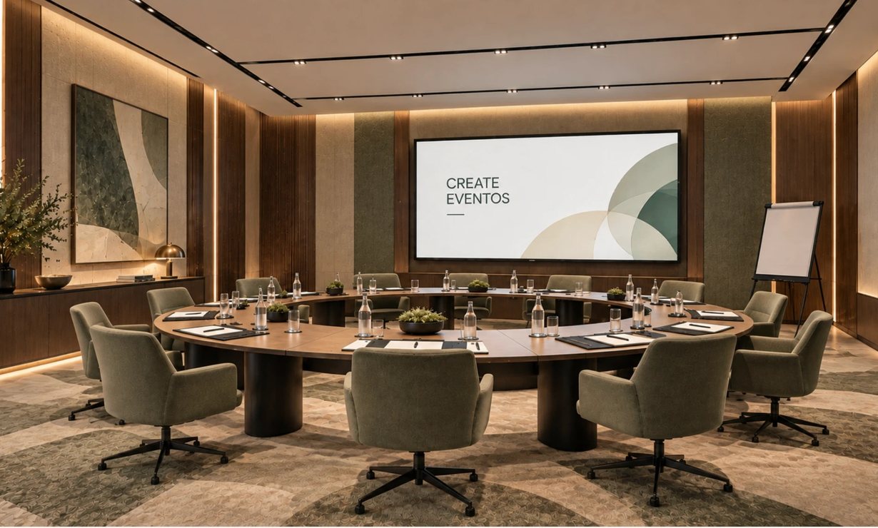 Advisory board room with a round table, a screen and a flipchart