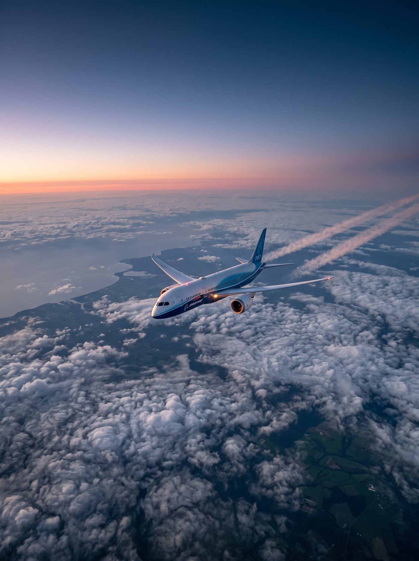 Aircraft in flight above the clouds at sunset