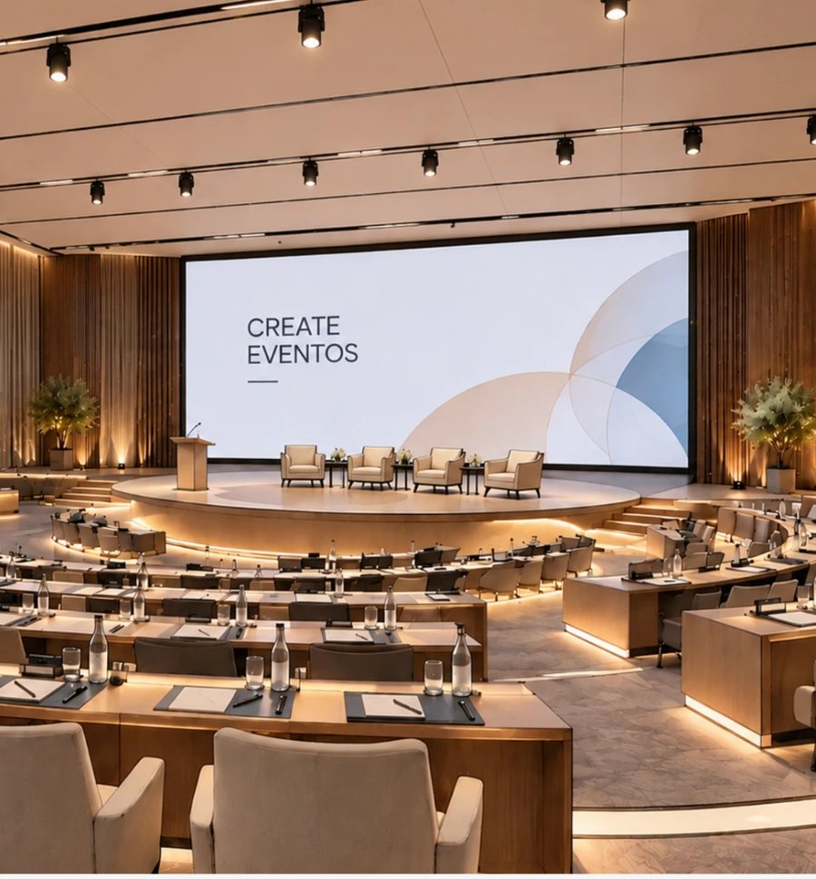 Plenary hall in amphitheatre layout, with curved desks and the stage screen