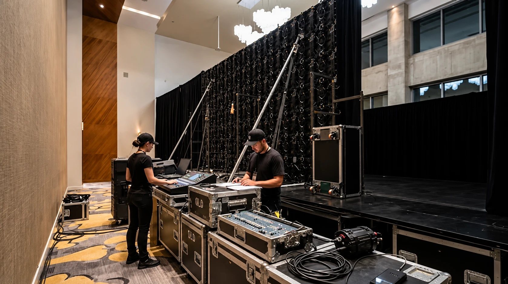 Técnicos a preparar a régie e o ecrã LED antes de um evento