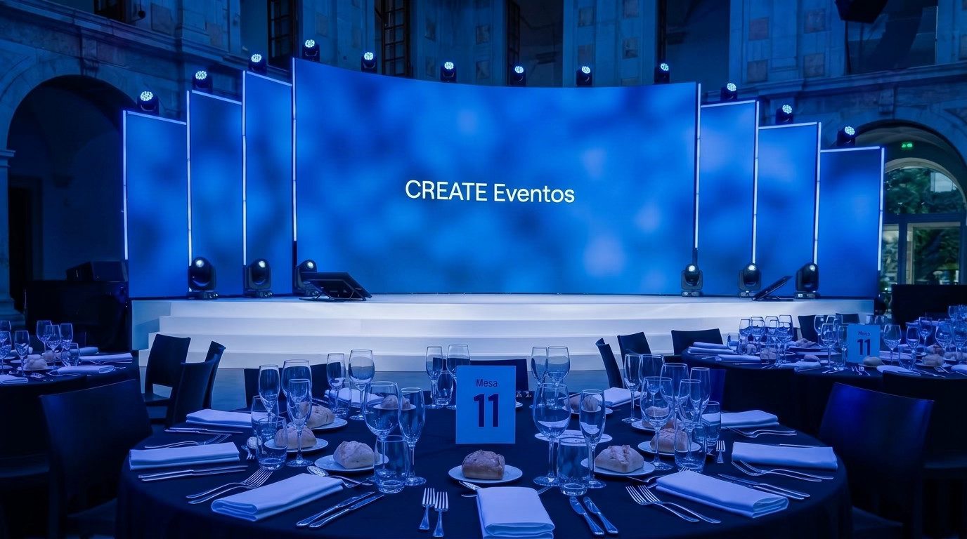 Sala de jantar de um congresso Create Eventos, com mesas postas em frente a um palco iluminado a azul